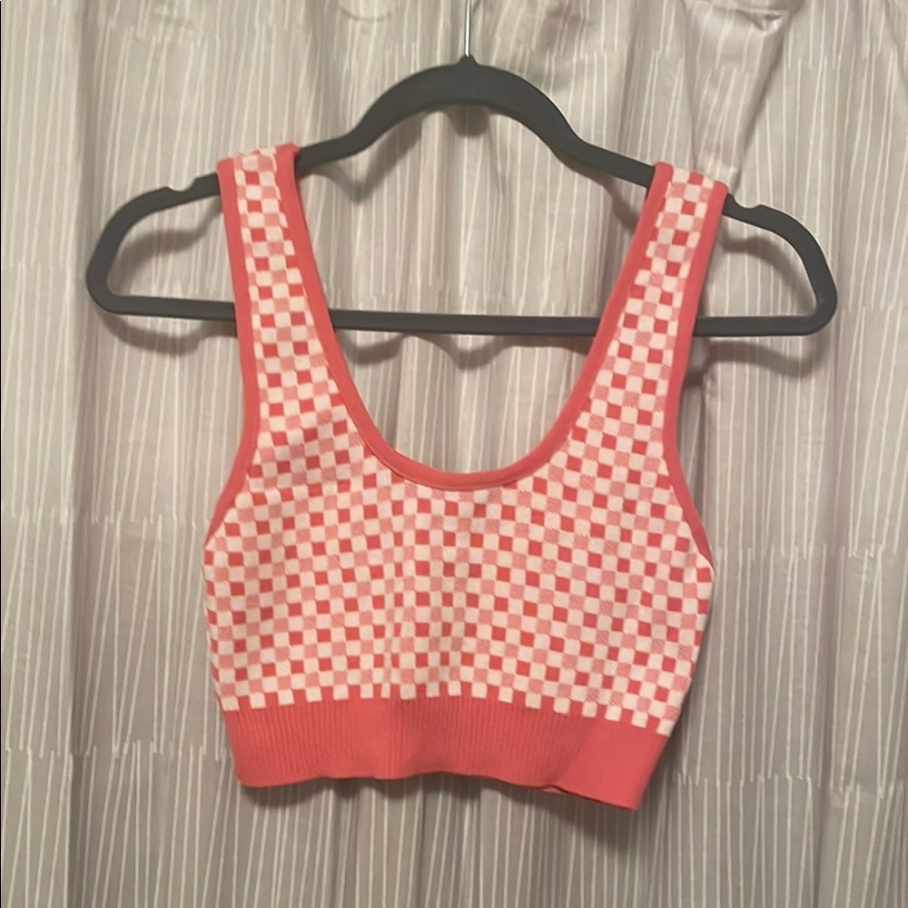 Zara Pink and White checkered Crop Tank Top Medium knit